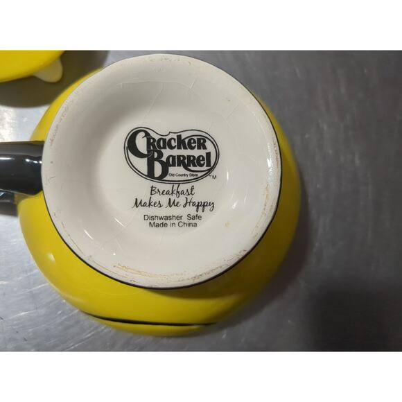 Smiley Face 3 Piece Tea Pot Mug ”Breakfast makes me happy” Cracker Barrel Yellow - Picture 5 of 6
